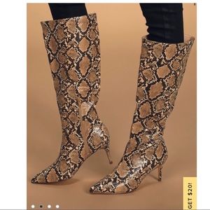 Lulus Baarr Tan Snake Pointed-Toe Knee High Boots
